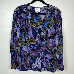 Dahan Vintage Silk Colorful Long Sleeve Blouse Top Size 14